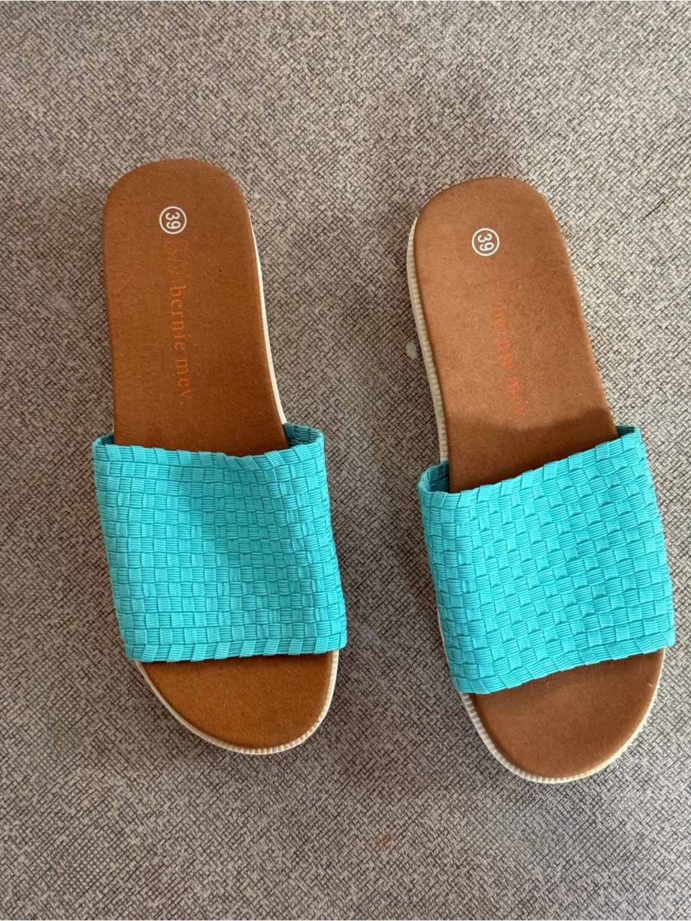 bernie mev. Turquoise Woven Slide Sandals. Size 39